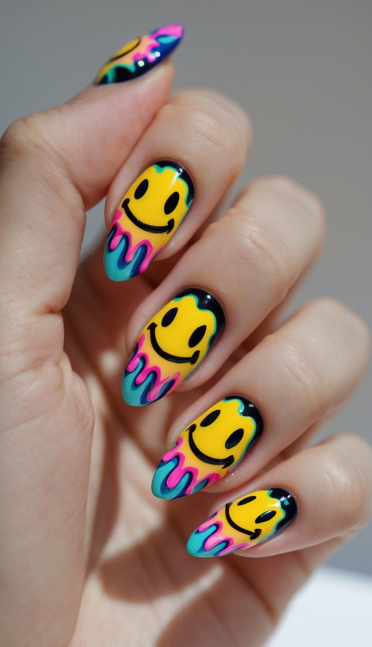 Manicure with melting smiley faces and neon colors