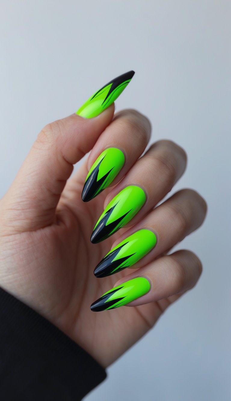 Sharp, angular black accents slice through vibrant neon green in this manicure