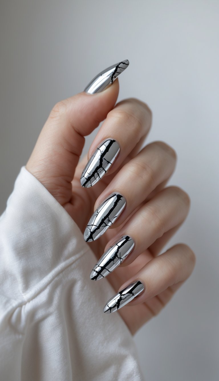 Silver chrome nails with black crackle detailing for a rebellious twist