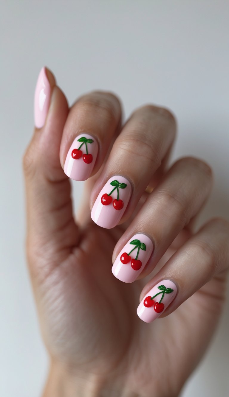 Tiny red cherries on a pale pink nails
