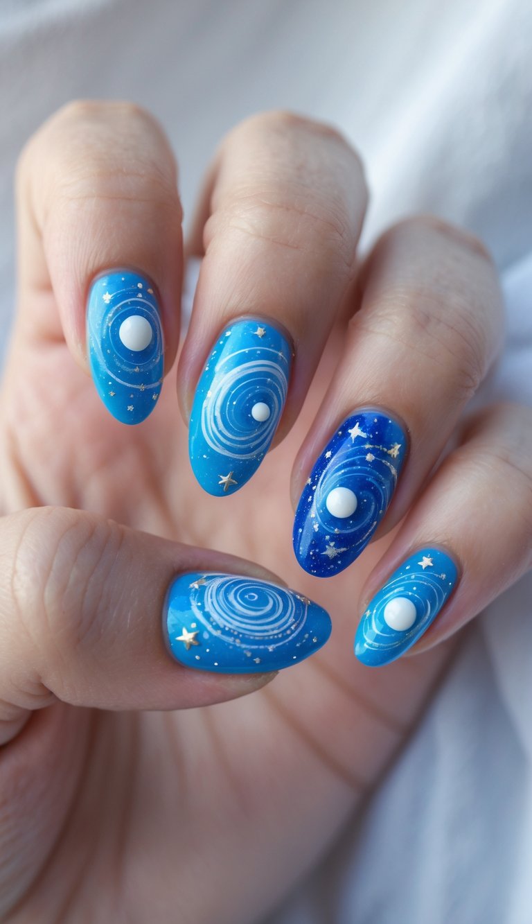 Nails in shades of blue with layered rings and dot details