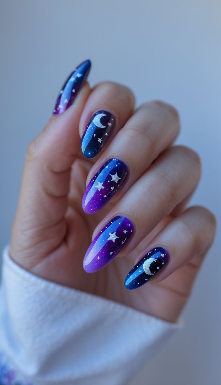 Purple and blue gradient nails with crescent moons and scattered stars