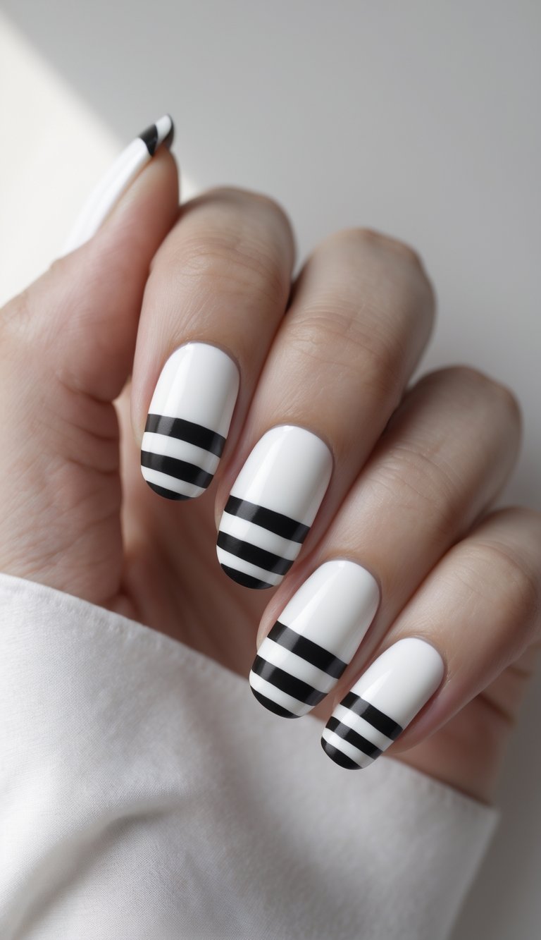Clean white nails with bold black stripes at the tips