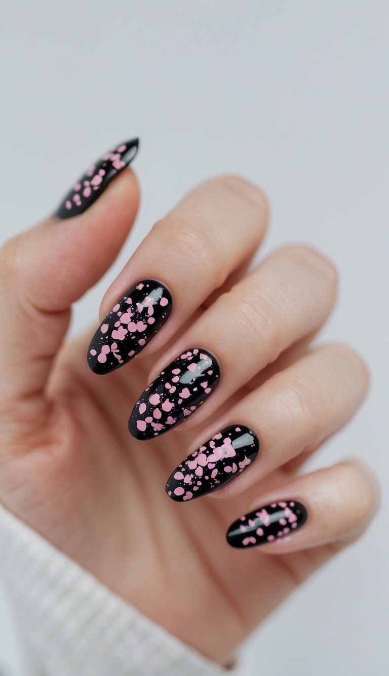 Pink splatters popping against a jet-black base for a playful paint-splatter effect