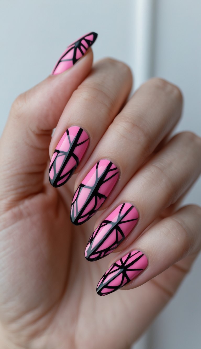 Intersecting black lines over a pink base with a graphic, high-contrast design