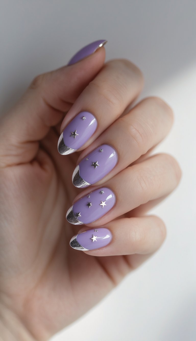 Dreamy lavender nails with silver tips and scattered silver stars