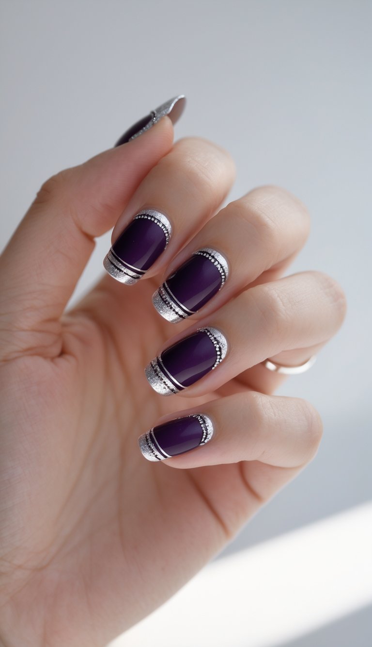 Deep purple nails outlined with crisp silver detailing