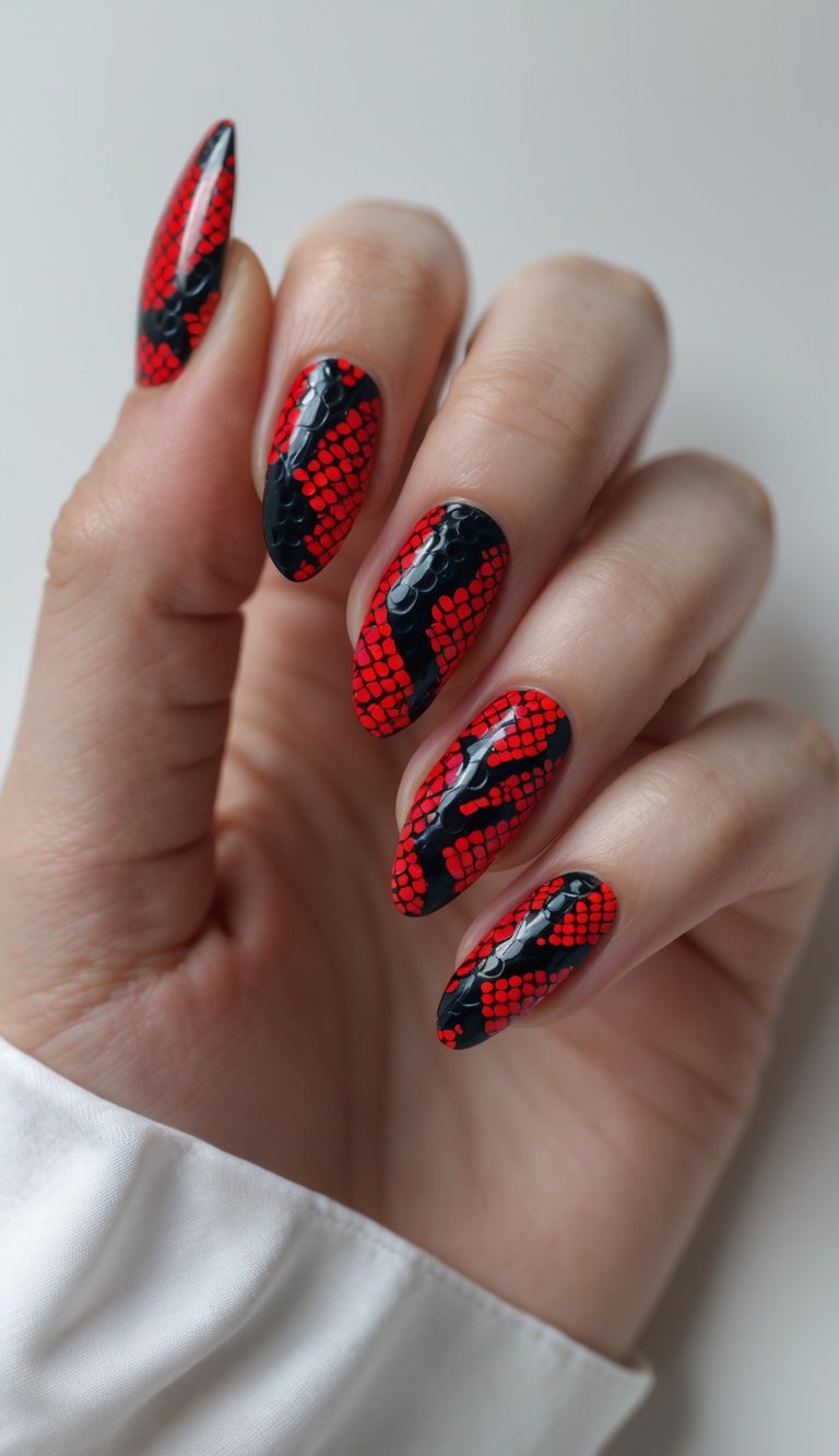 Snake print design with a high-contrast red and black palette