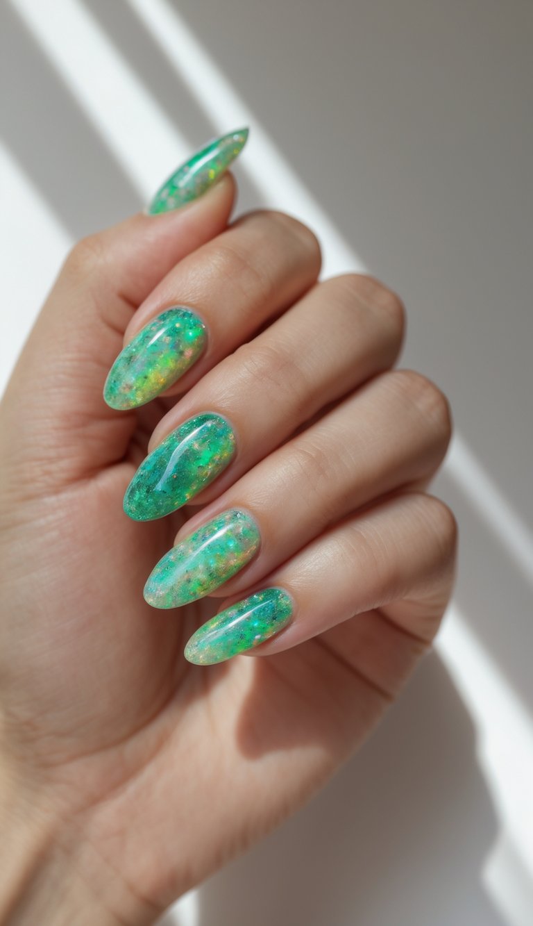 Nails with shimmering green flecks layered in a glossy, dimensional finish