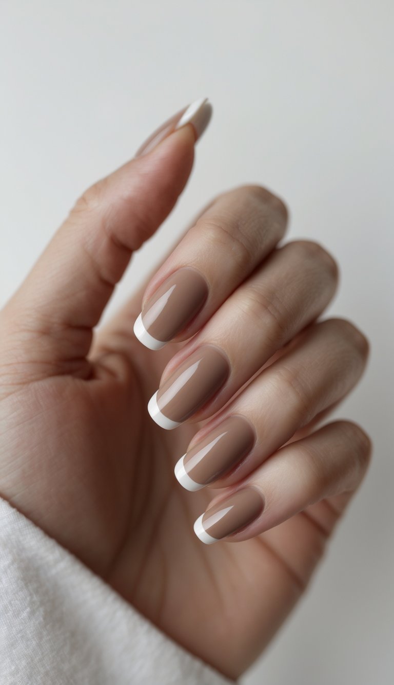 Close-up of one hand with neatly manicured nails featuring mocha-colored French tips against a white background.
