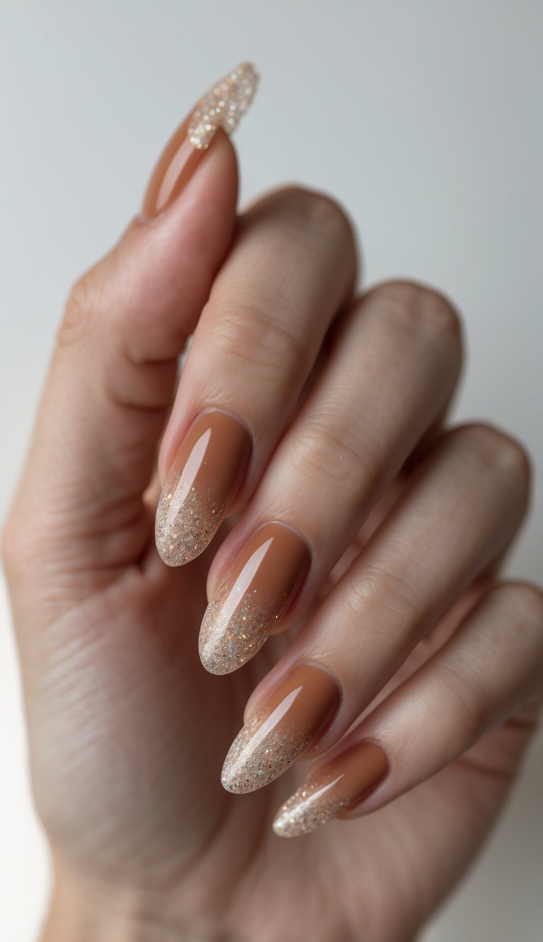 Close-up of one hand with cinnamon-colored nails and glitter gradient on a white background.