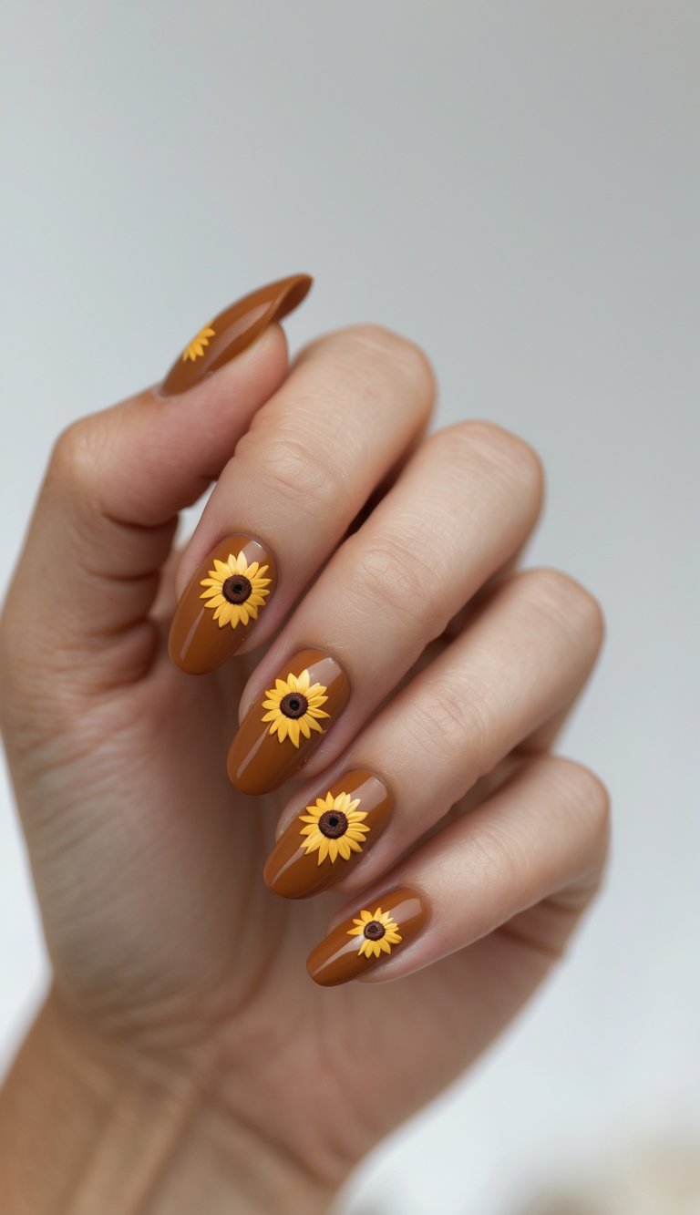Close-up of one hand showing cinnamon-colored nails decorated with small sunflower decals against a white background.