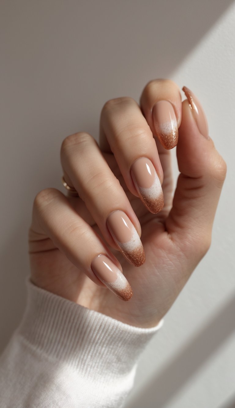 Close-up of one hand with cinnamon-colored nails featuring pearl shimmer, against a white background.