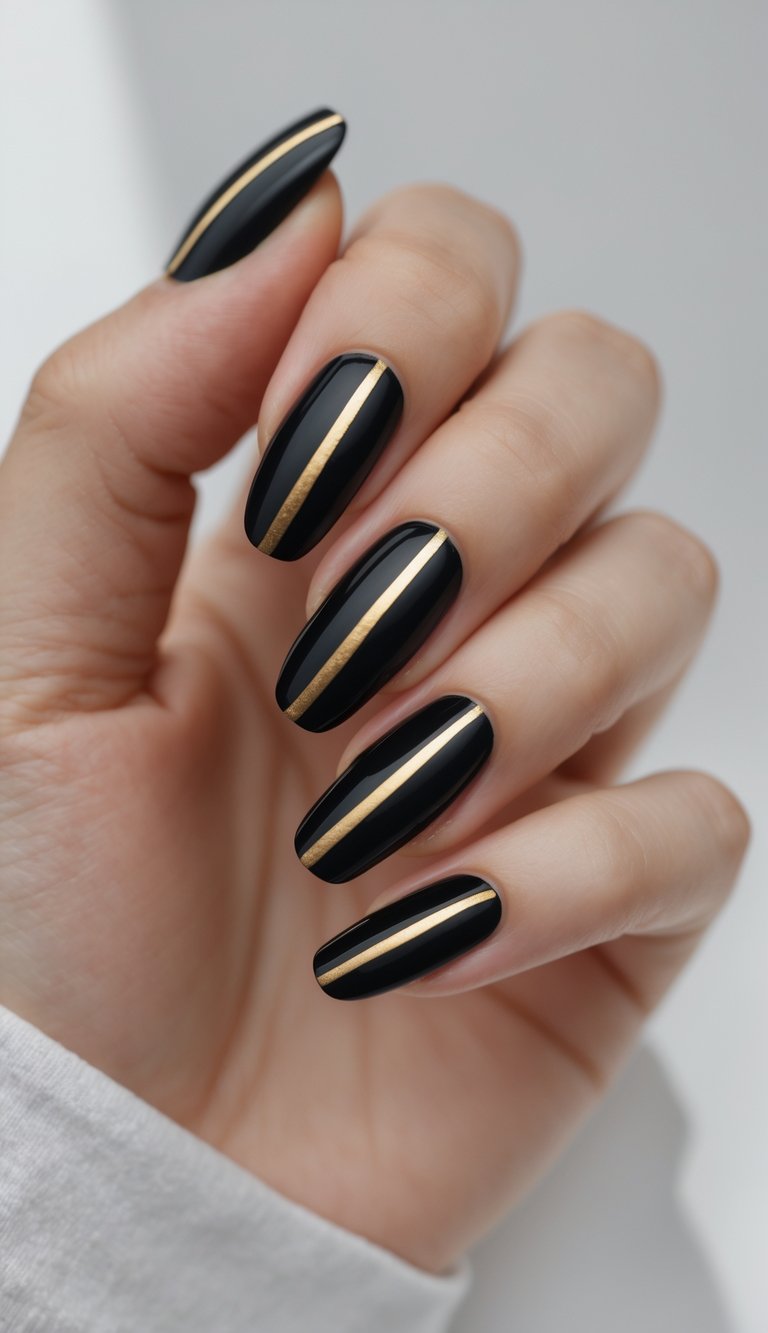 Close-up of one hand with black nails decorated with gold stripes against a white background.