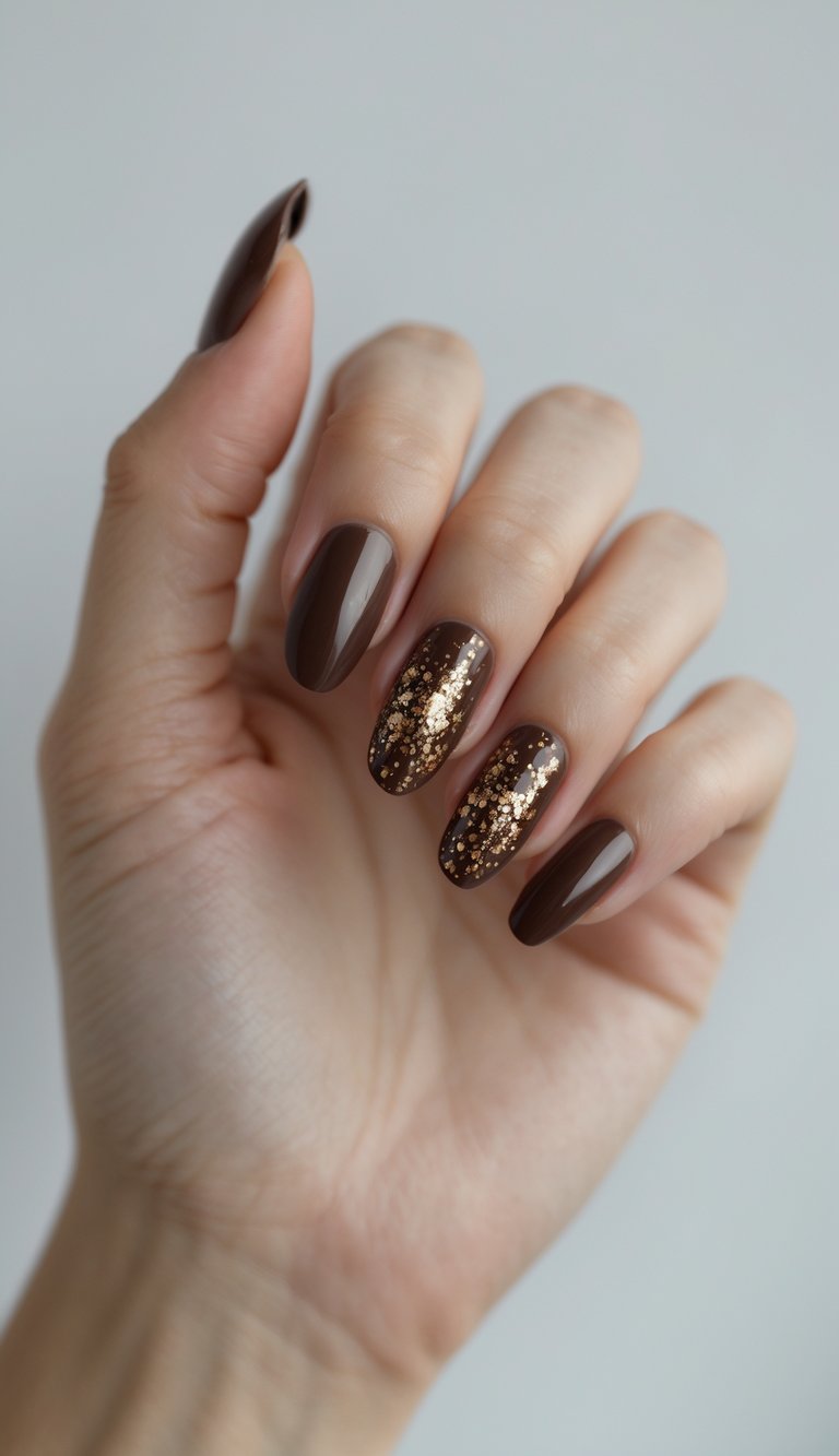 Close-up of one hand with chocolate brown nails decorated with small gold flecks on a white background.