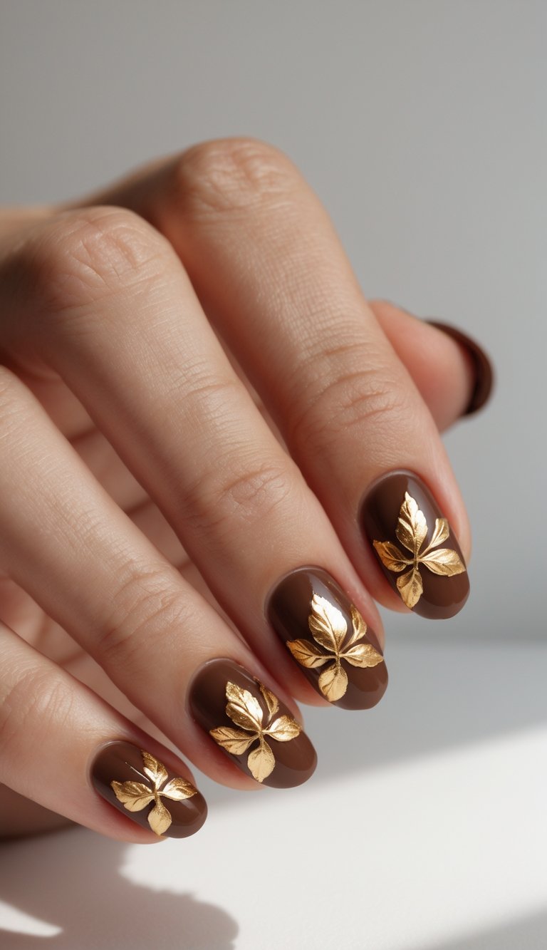 Close-up of one hand with chocolate brown nails featuring gold leaf nail art on a white background.
