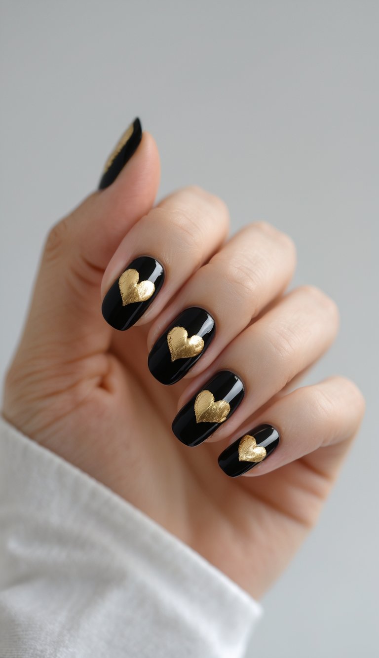 Close-up of one hand with black nails decorated with gold foil heart designs against a white background.