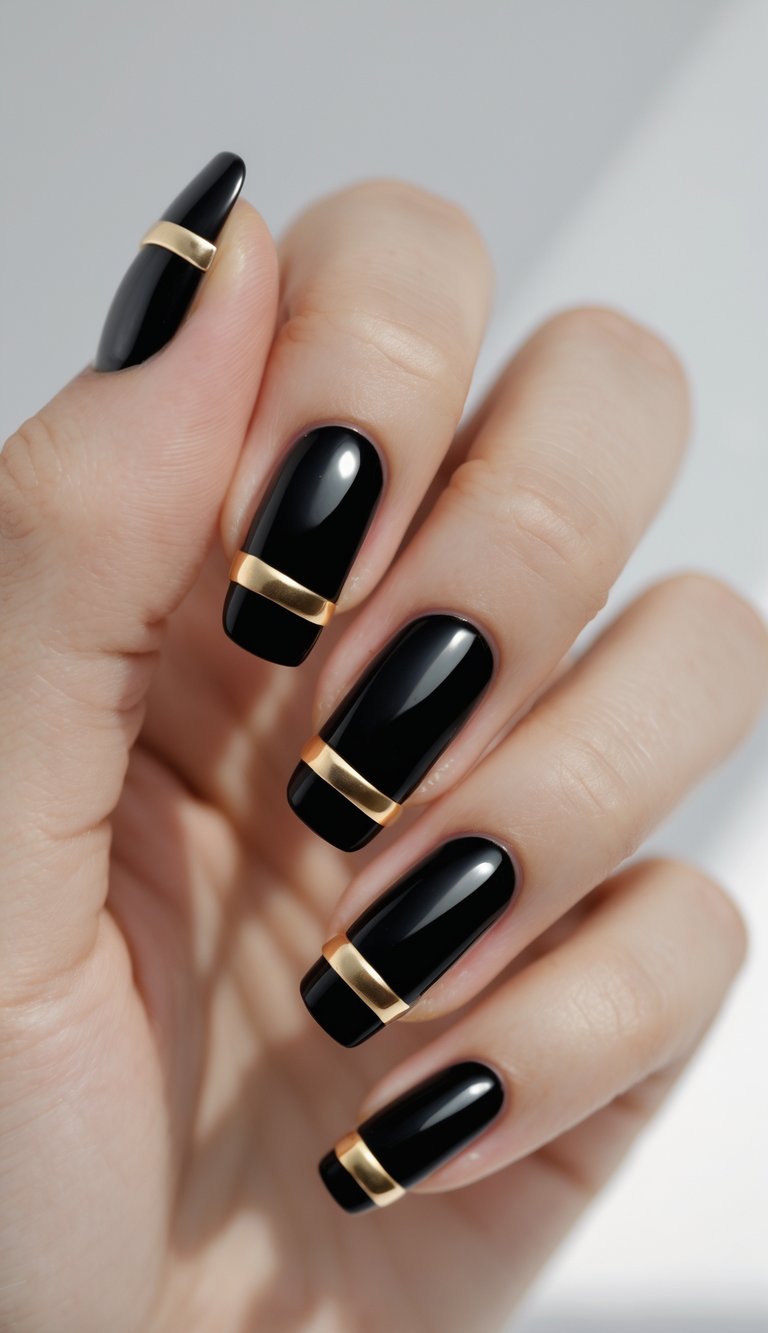 Close-up of one hand with black square nails decorated with gold bars on a white background.