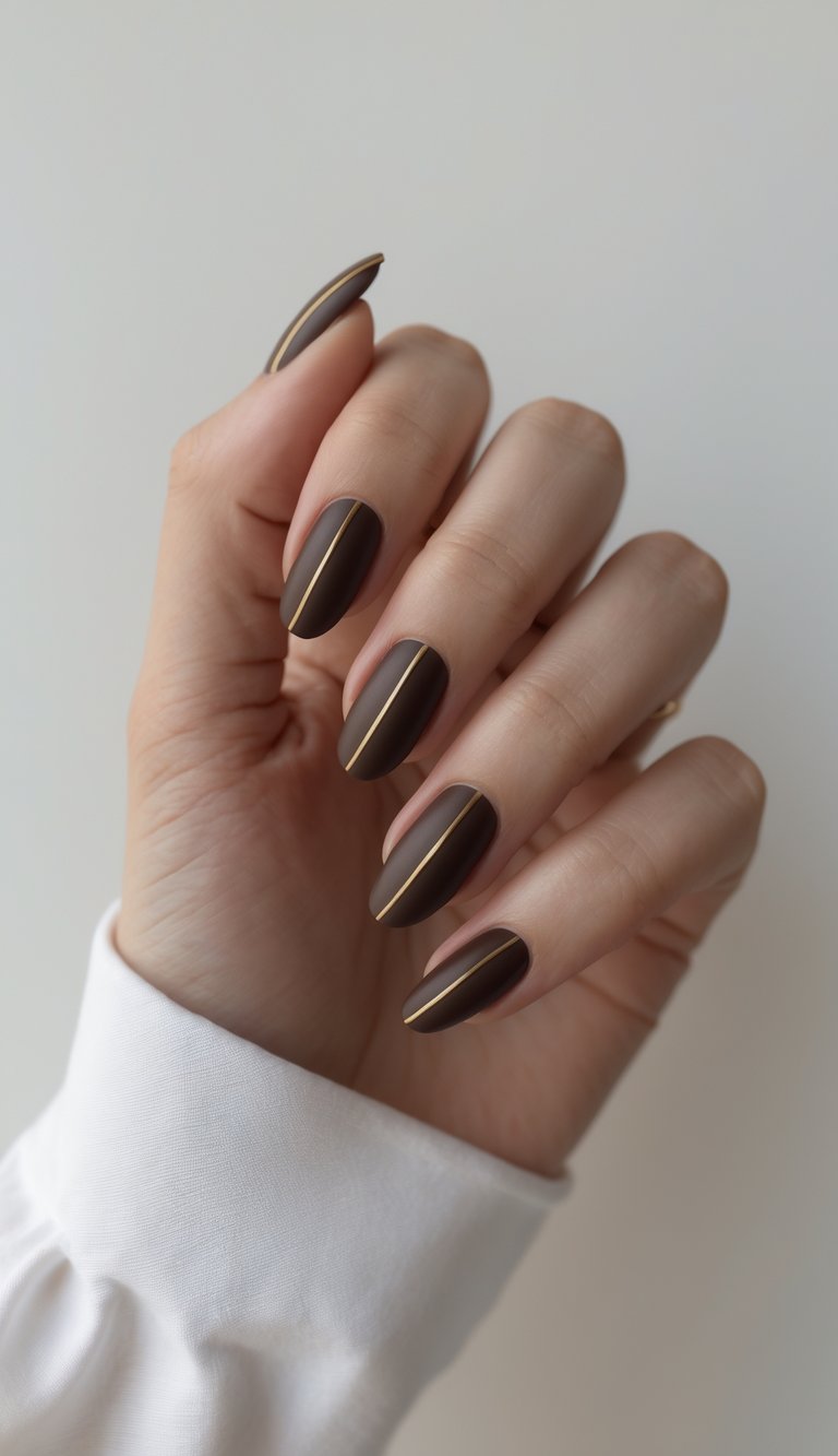 Close-up of one hand with chocolate brown nails decorated with thin gold lines against a white background.