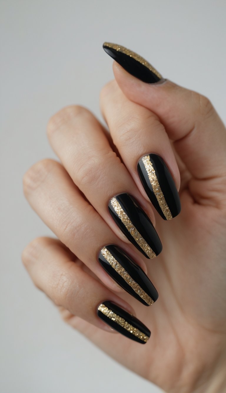 Close-up of one hand with black nails decorated with gold glitter bars on a white background.