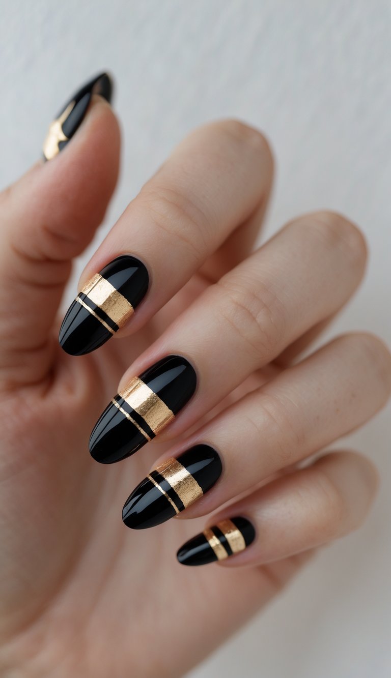 Close-up of one hand showing black nails with gold foil stripes against a white background.