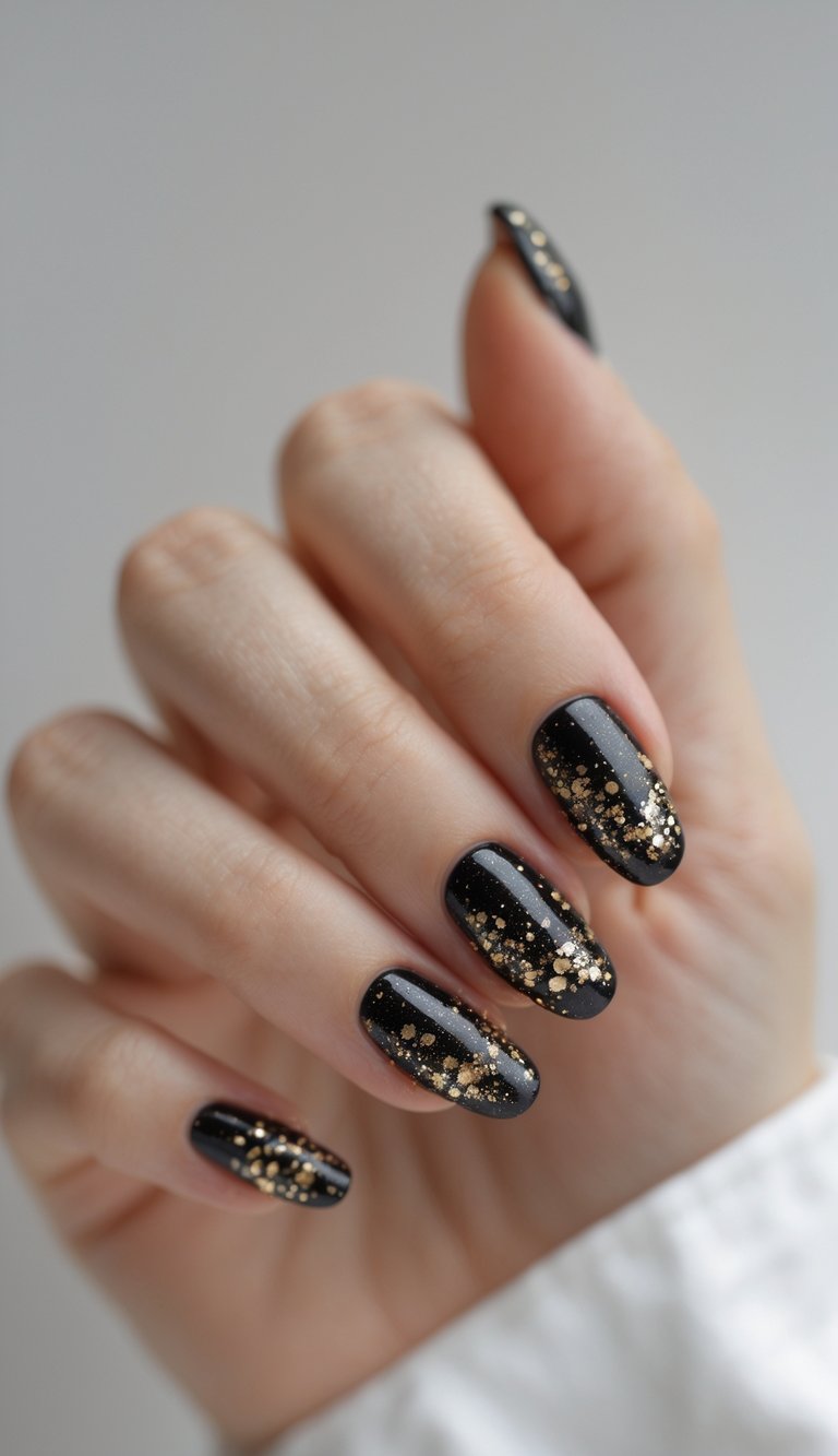Close-up of one hand with black nails decorated with gold glitter dots against a white background.