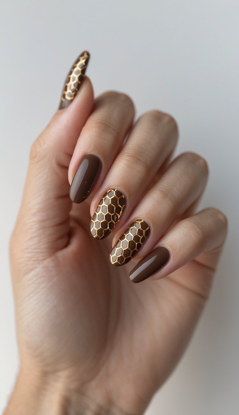 Close-up of one hand with chocolate brown nails decorated with golden honeycomb patterns against a white background.