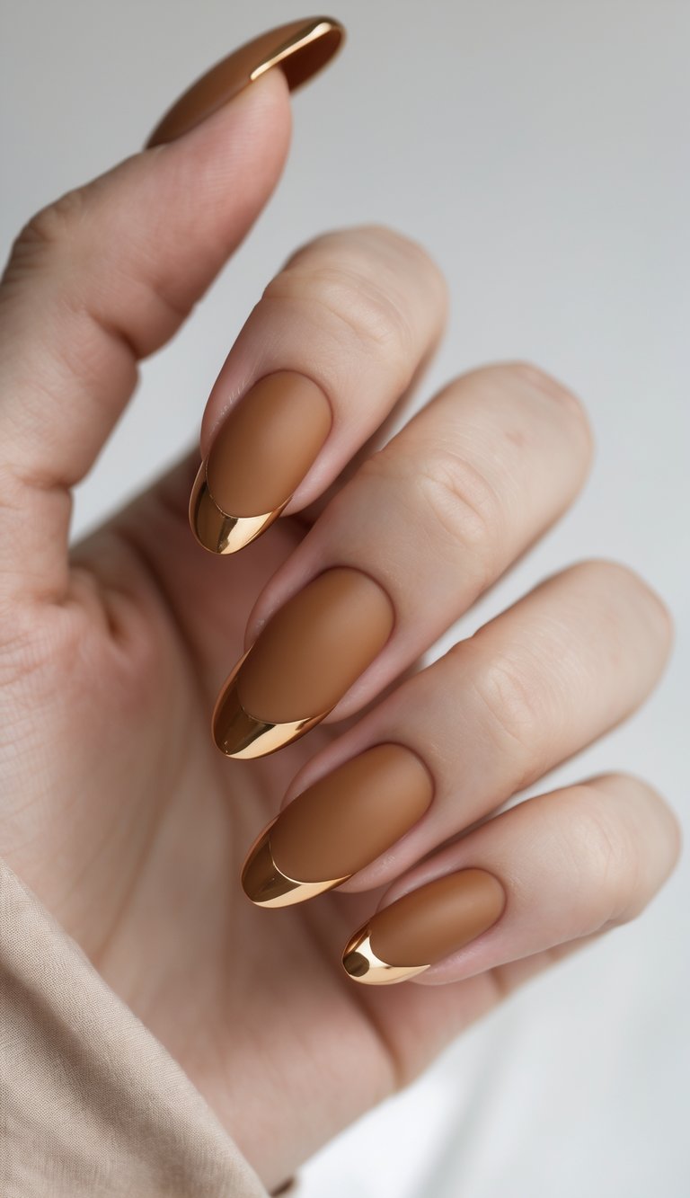 Close-up of one hand with caramel-colored nails featuring matte polish and glossy tips against a white background.