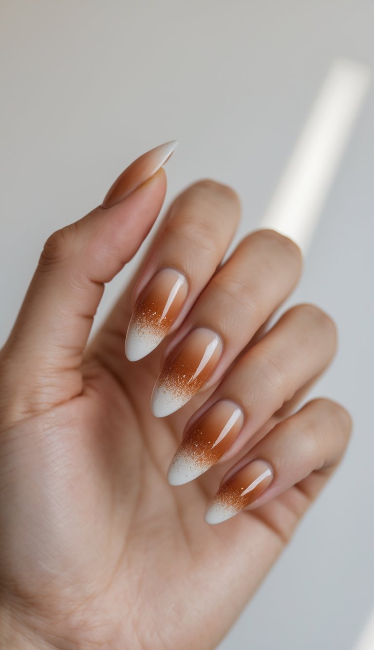 Close-up of one hand with caramel gradient nails featuring subtle shimmer on a white background.
