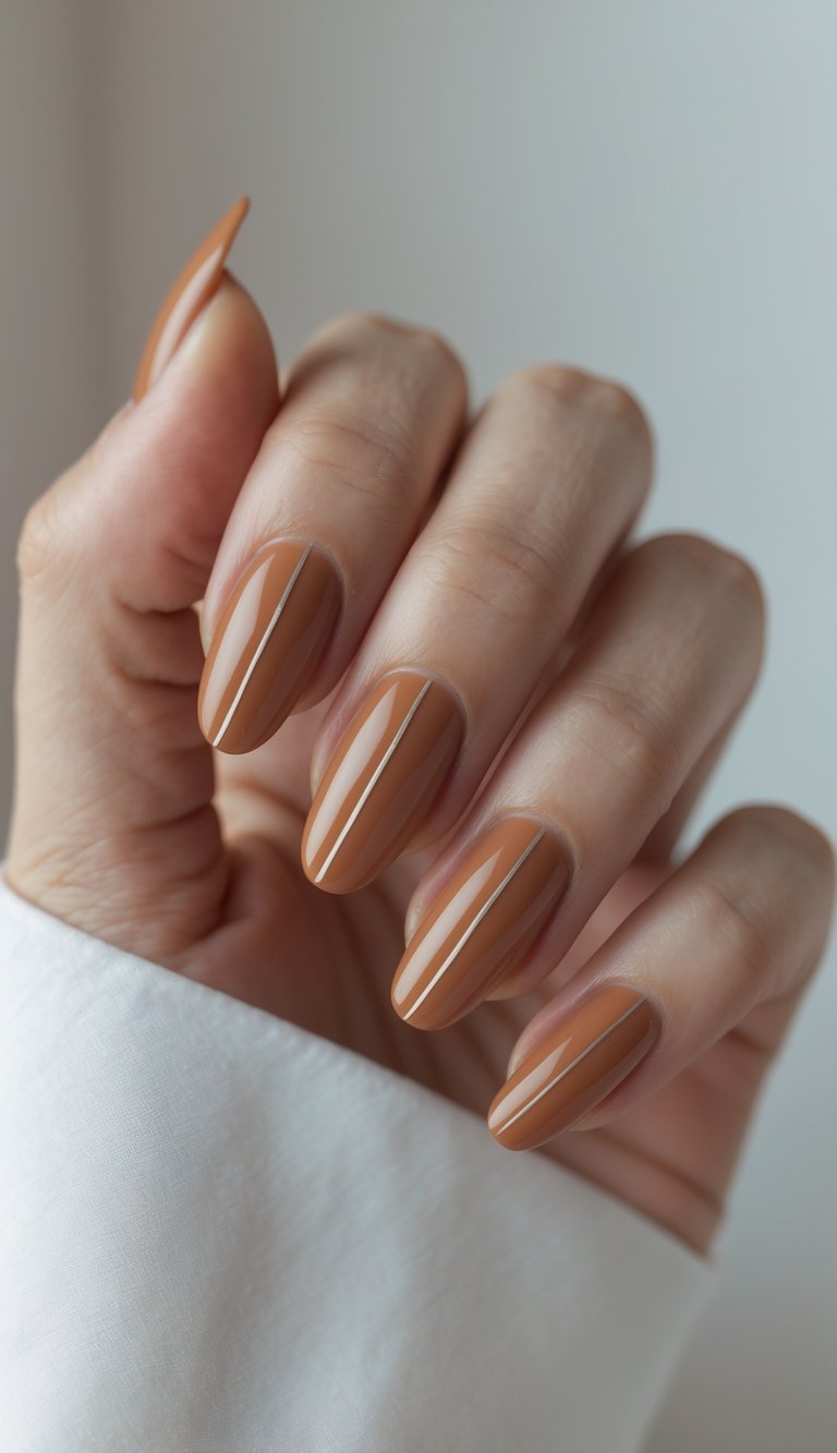 Close-up of one hand with caramel-colored nails decorated with thin silver lines against a white background.
