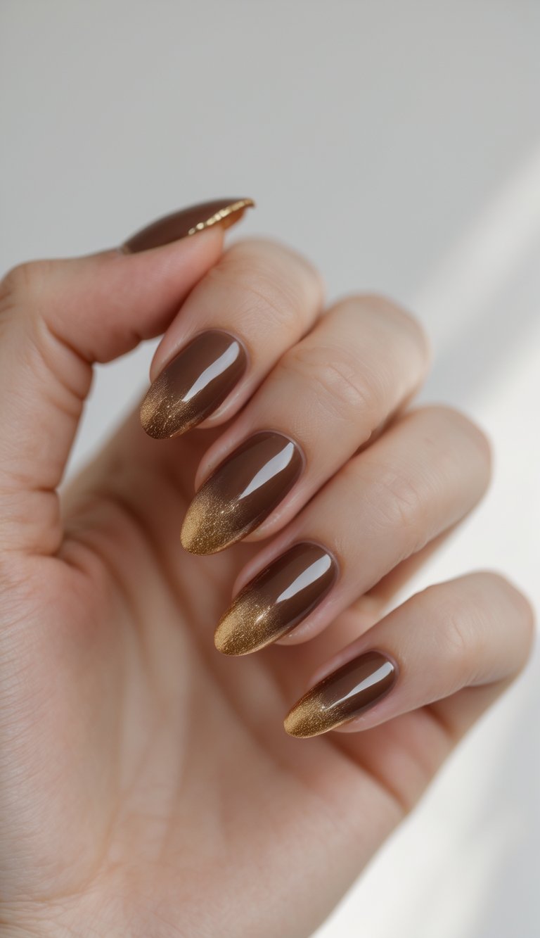 Close-up of one hand with deep caramel nails and gold shimmer tips against a white background.
