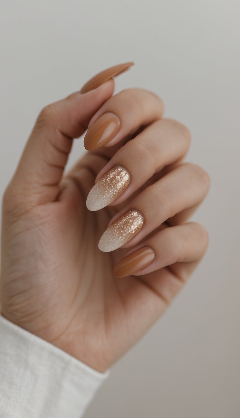 Close-up of one hand with caramel-colored nails featuring soft glitter gradients on a white background.