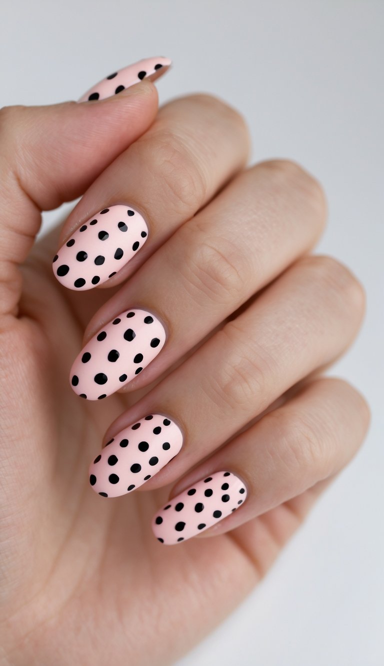 Close-up of one hand showing nails painted pink with black polka dots against a white background.