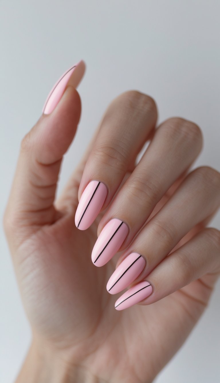Close-up of one hand with bubblegum pink nails featuring thin black line designs on a white background.