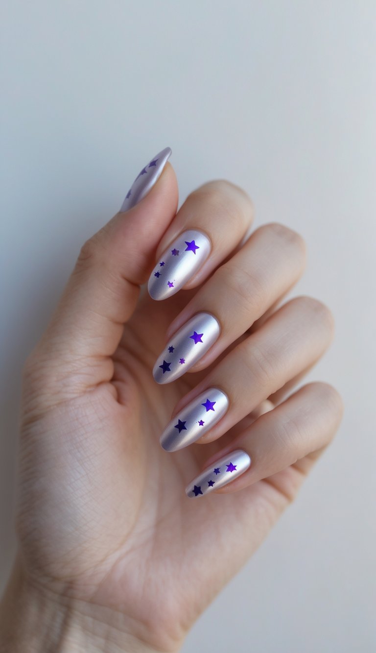 Close-up of one hand with metallic silver nails decorated with small purple stars against a white background.