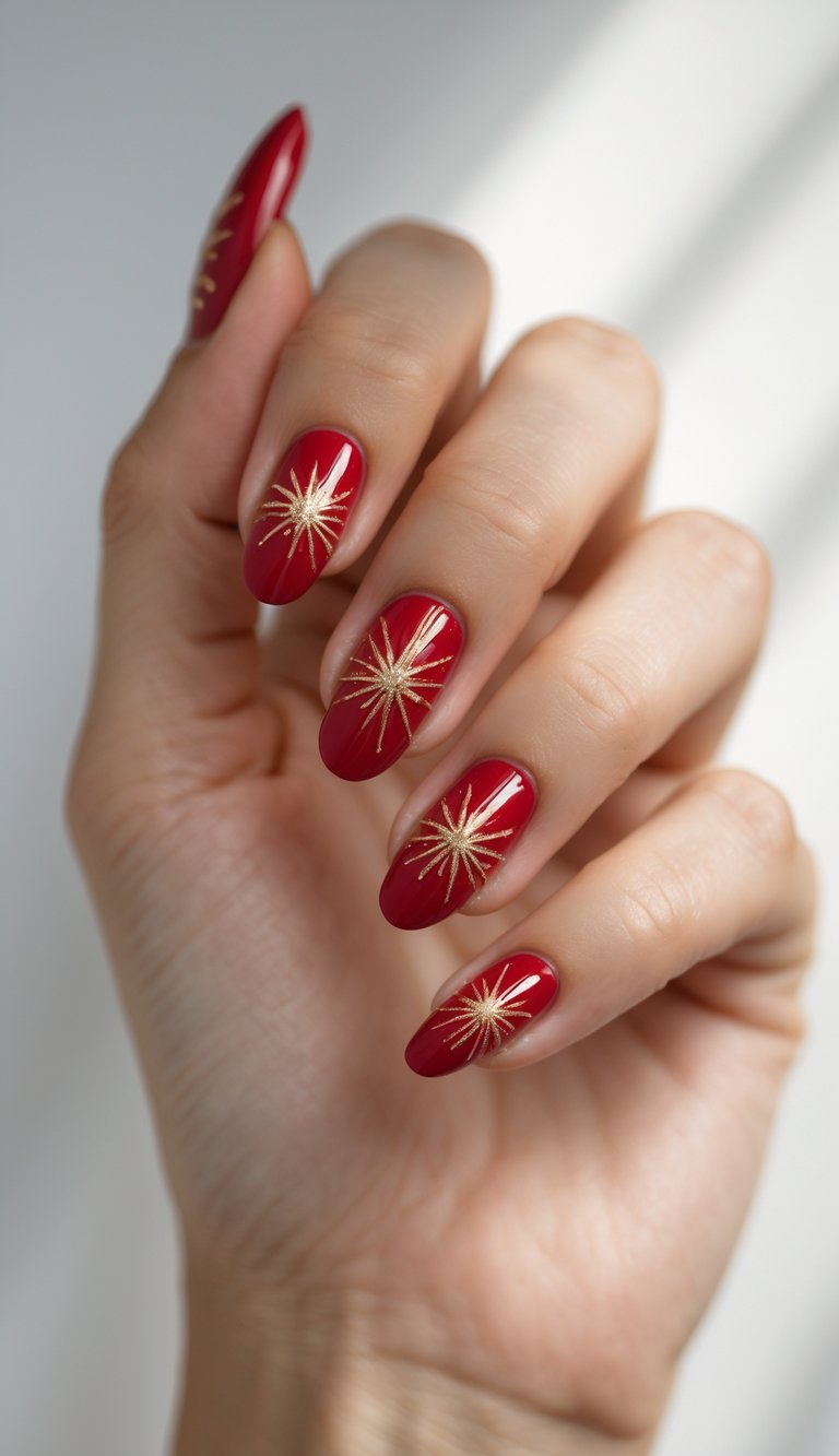 Close-up of one hand with red nails decorated with gold starburst patterns against a white background.