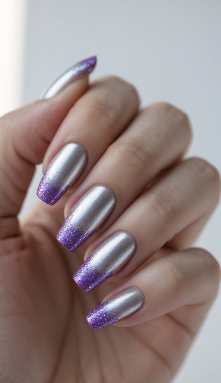 Close-up of one hand showing nails with silver French tips and purple glitter on a white background.