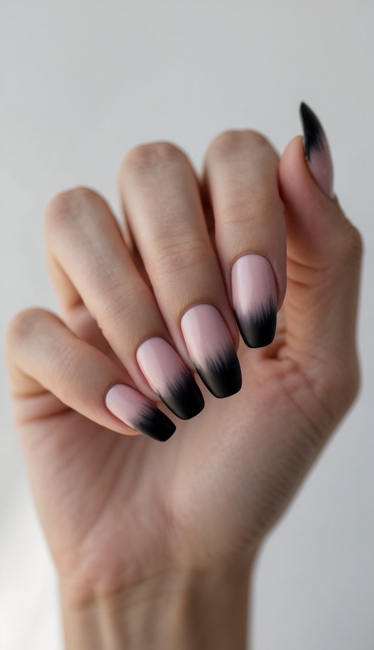 Close-up of one hand showing nails painted with black to muted pink ombre nail art against a white background.