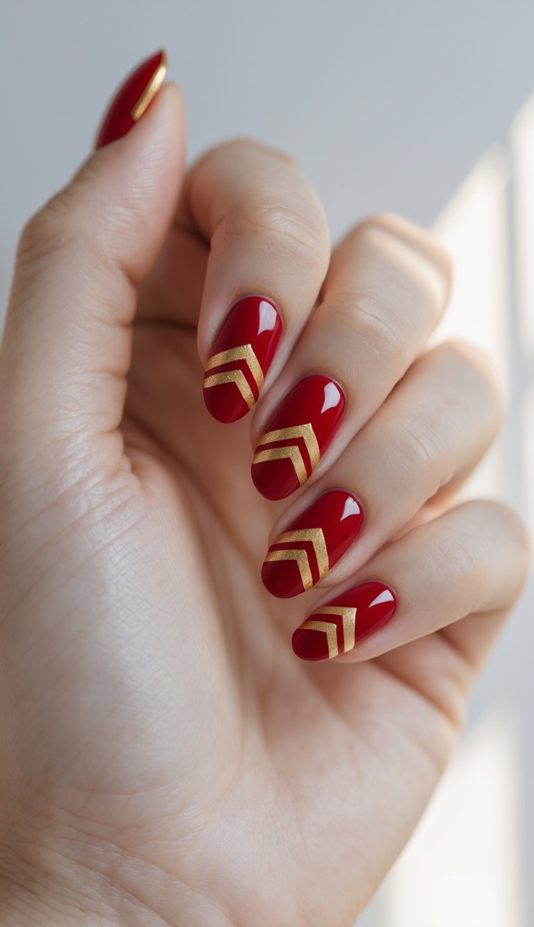 Close-up of one hand showing red nails with gold chevron designs on a white background.