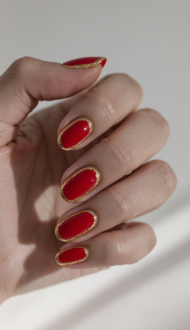 Close-up of one hand with glossy red nails outlined with gold glitter against a white background.