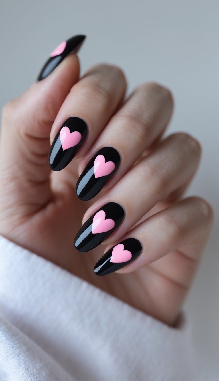 Close-up of a hand with black nails decorated with pink heart-shaped polka dots on a white background.