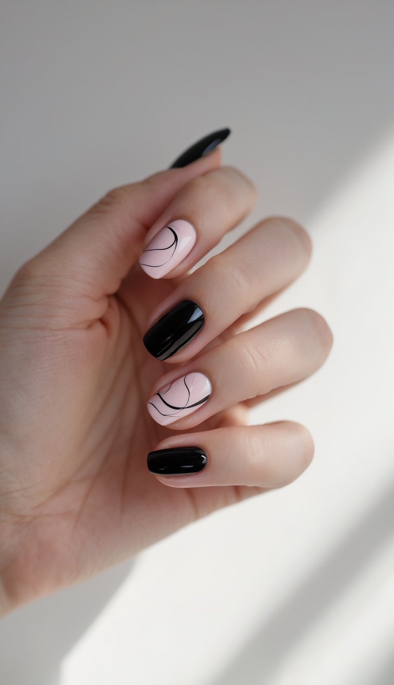 Close-up of one hand with black nails featuring subtle pink swirl designs on a white background.