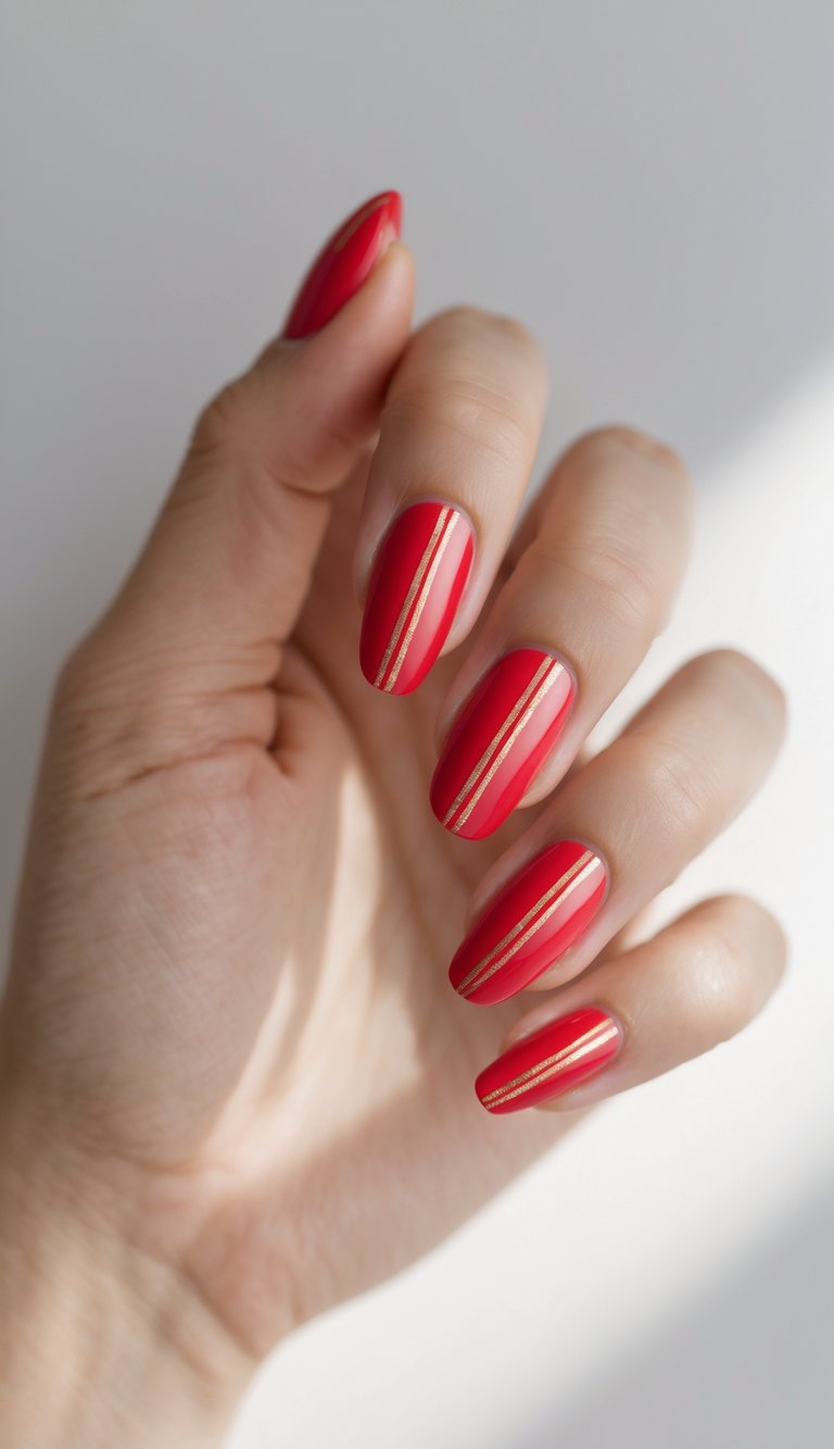 Close-up of a single hand with bright red nails featuring vertical gold stripes on a white background.