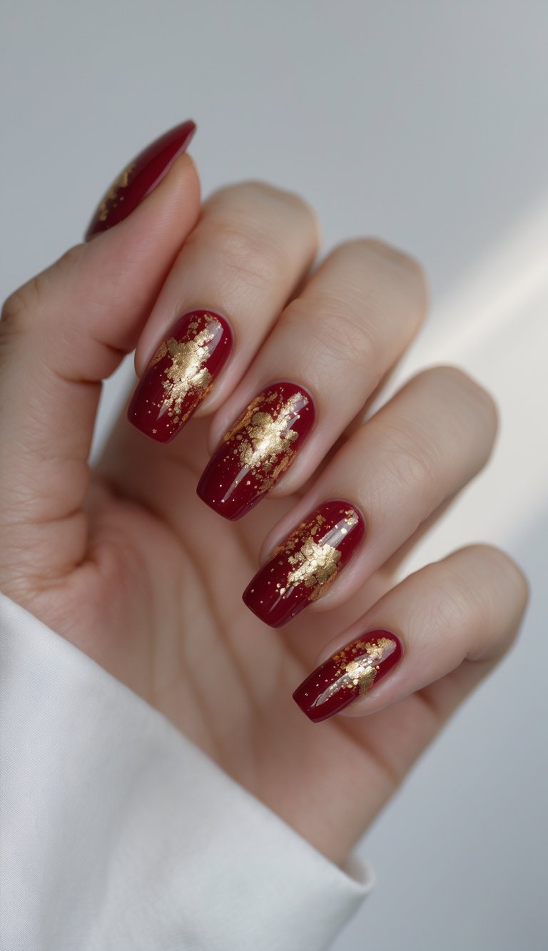Close-up of one hand with ruby red nails decorated with gold splatters against a white background.