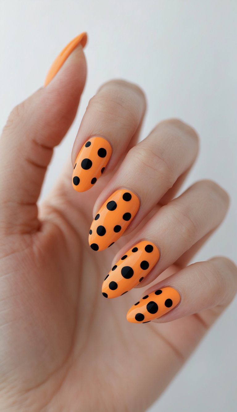 Close-up of one hand with orange nails decorated with black polka dots against a white background.