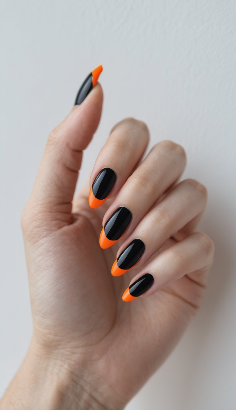 Close-up of one hand with black nails and bright orange tips against a white background.