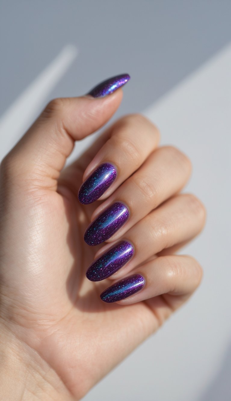 Close-up of one hand with deep purple holographic nails against a white background.