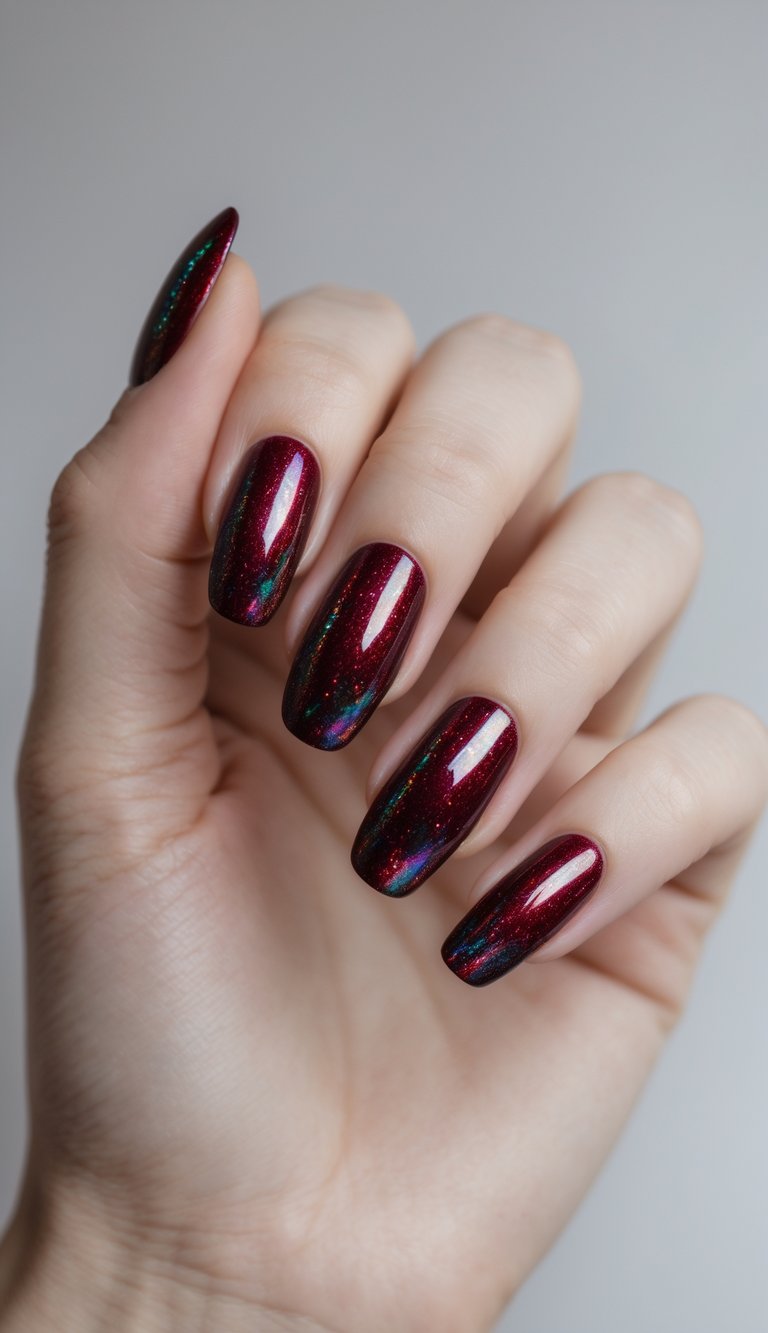 Close-up of one hand with deep red holographic nails against a white background.