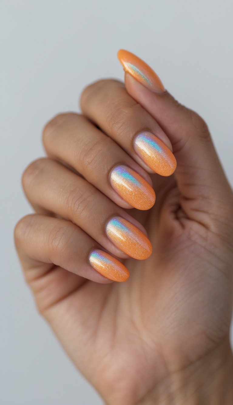 Close-up of one hand with orange holographic nails against a white background.