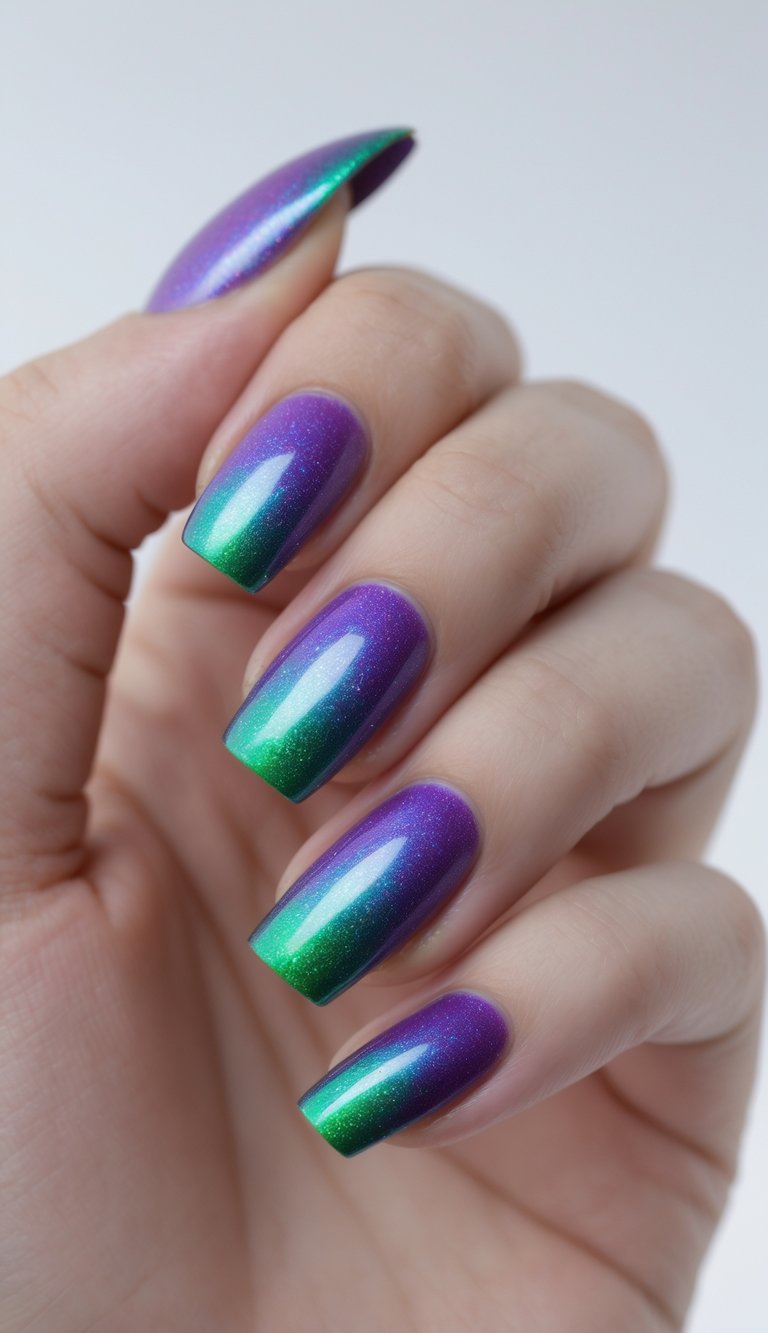 Close-up of one hand showing nails with a purple to green holographic ombre design against a plain white background.